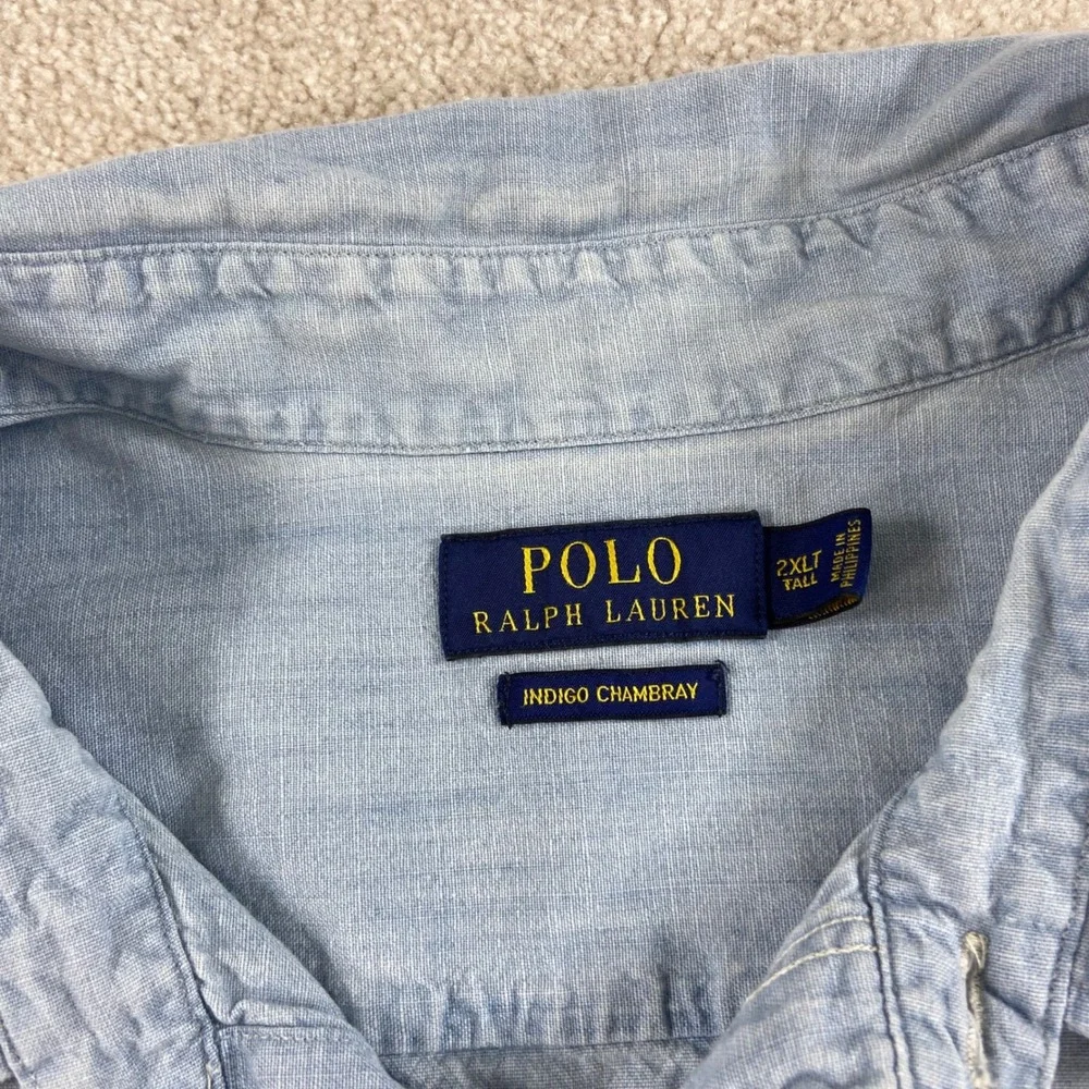 Polo Ralph Lauren Shirt Mens 2XLT Blue Indigo Chambray Short Sleeve Button Down